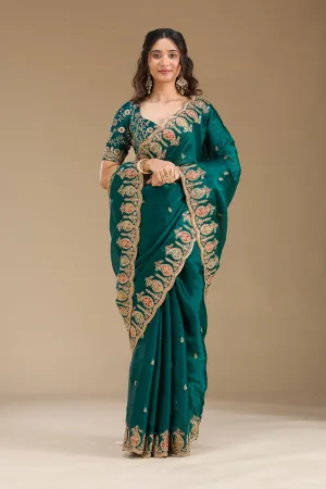 Peacock Green Zariwork Tissue Saree