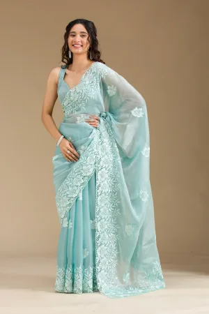 Sea Green Stonework Tissue Saree