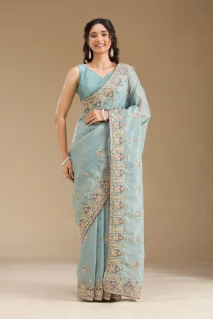 Grey Pearlwork Tissue Saree