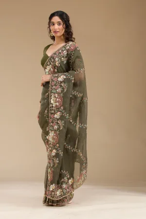 Mehendi Sequins Tissue Saree