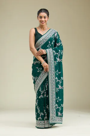 Bottle Green Threadwork Silk Saree