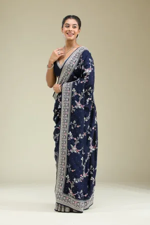 Navy Blue Threadwork Silk Saree