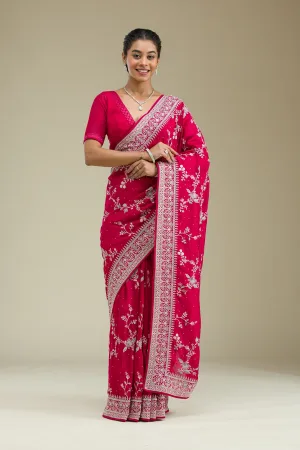 Rani Pink Threadwork Silk Saree