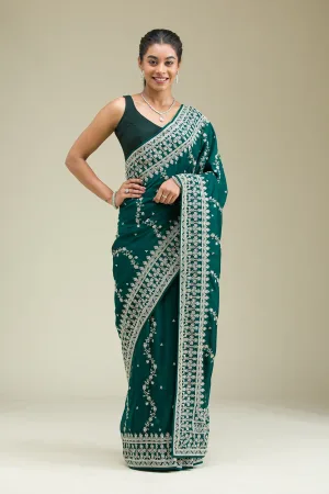 Bottle Green Threadwork Silk Saree