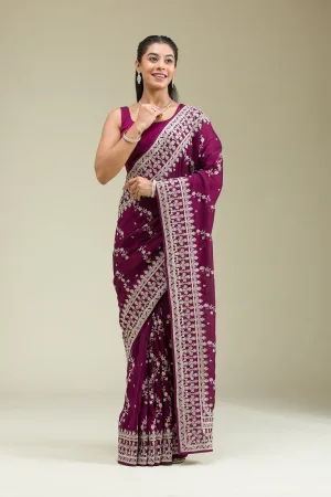 Wine Threadwork Silk Saree