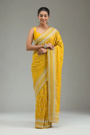 Mustard Threadwork Silk Saree