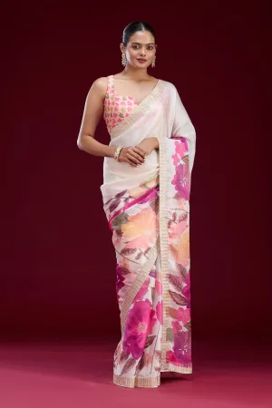 Cream Cutdana Chiffon Saree