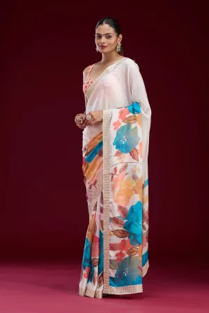 Cream Cutdana Chiffon Saree