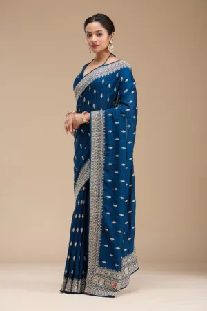 Peacock Blue Soft Raw Silk Saree