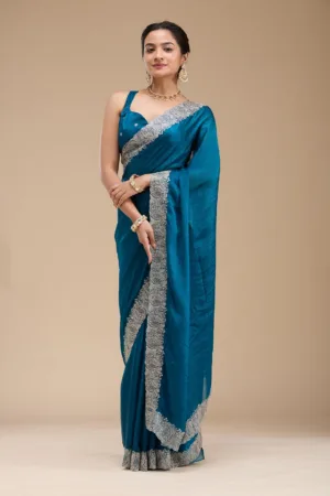 Peacock Blue Zariwork Silk Saree