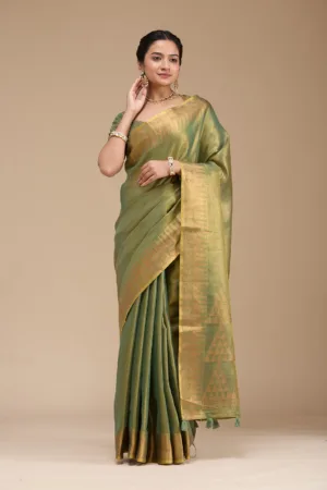 Mehendi Printed Linen Silk Saree