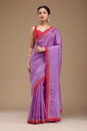Lavender Printed Satin Saree