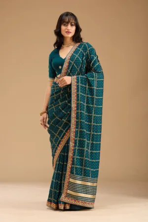 Peacock Blue Gold Zariwork Soft Raw Silk Saree