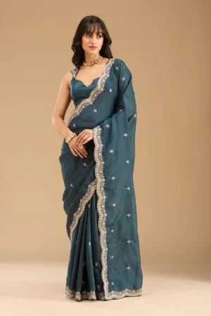 Peacock Blue Gold Zariwork Tissue Saree