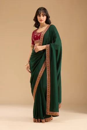 Bottle Green Gold Zariwork Soft Raw Silk Saree