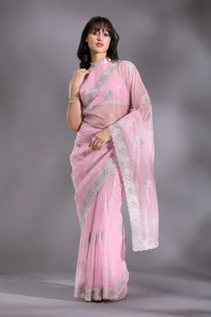 Baby Pink Cutwork Organza Saree