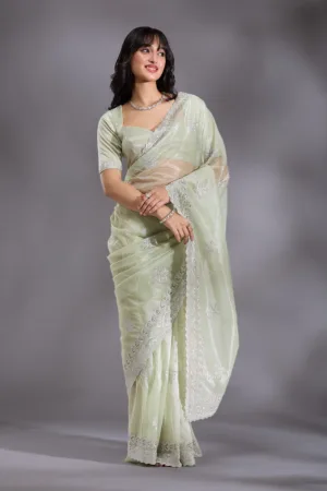 Pista Green Cutwork Organza Saree