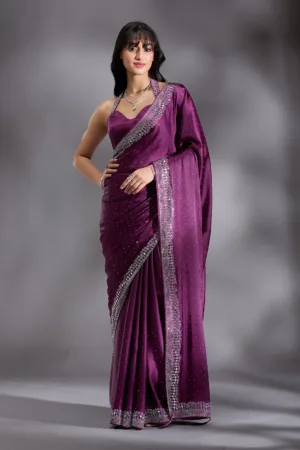 Purple Silver Stonework Satin Saree