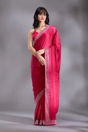 Rani Pink Silver Stonework Satin Saree