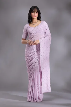 Lavender Pearlwork Chiffon Saree