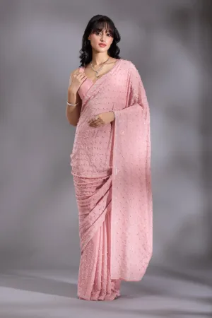 Peach Pearlwork Chiffon Saree