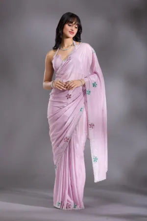 Lavender Silver Stonework Satin Saree