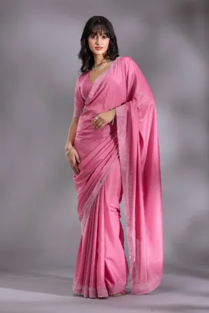 Pink Silver Stonework Satin Saree