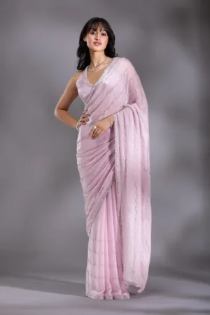 Onion Pink Gold Zariwork Chinon Saree